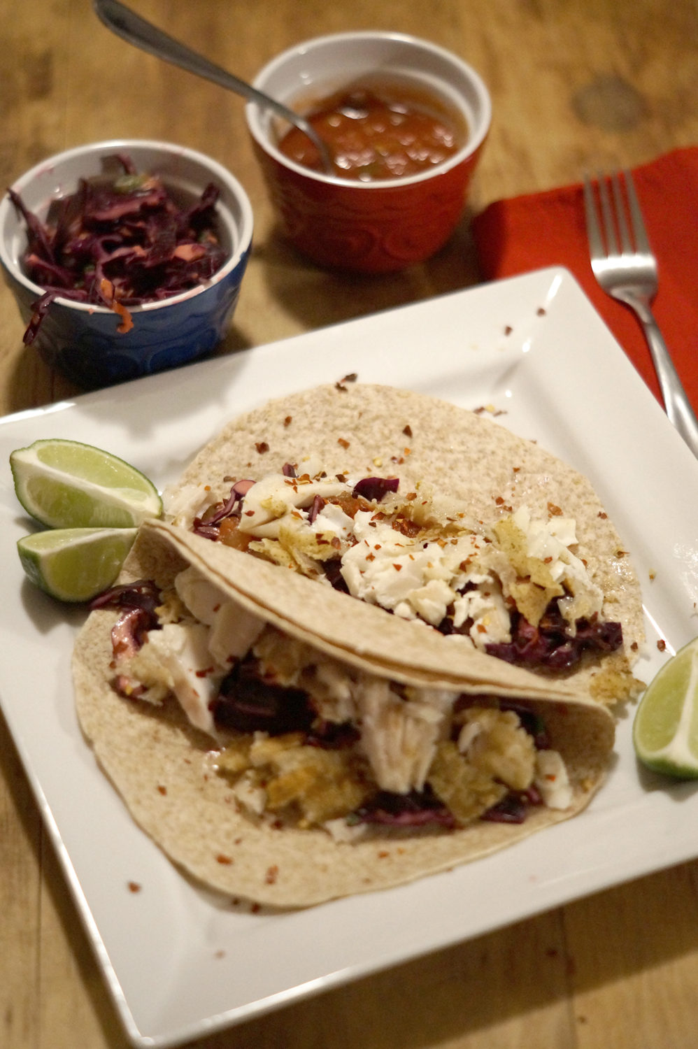 Fish Tacos with Light Red Cabbage Slaw